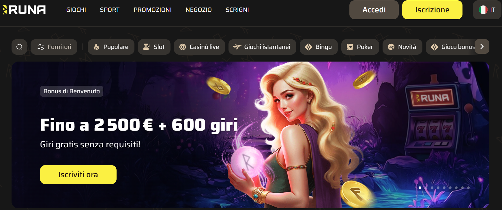 Schermata del sito Runa Casino